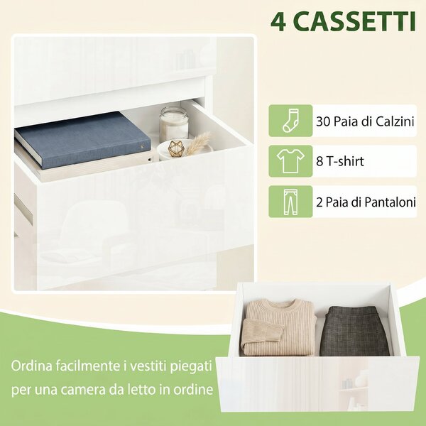 HOMCOM Comò Slim, 4 cassetti lucidi, bianco, per camera da letto. | Aosom Italy