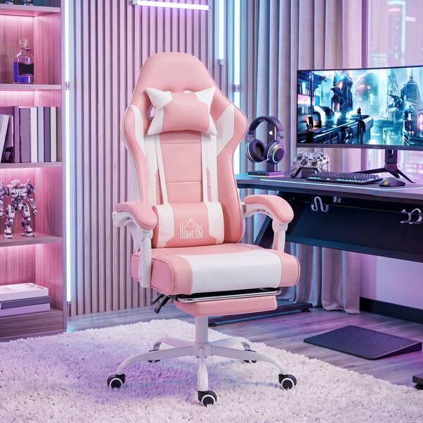 HOMCOM Sedia Gaming con Cuscino Lombare Massaggio, Vibrazione Reclinabile 155°, Altezza Regolabile, Poggiatesta e Poggiapiedi Retrattile, 63x66x134 cm, Rosa | Aosom Italy