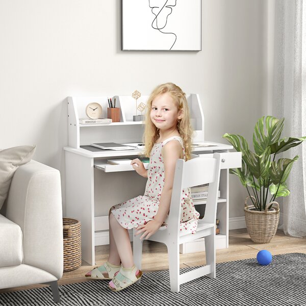 ZONEKIZ Set Tavolo e Sedie per Bambini da 5-8 Anni con Scaffale Integrato e Mensola Estraibile in Legno Bianco per Studio e Gioco|Aosom Italy