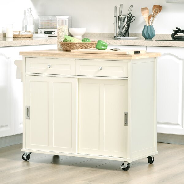 HOMCOM Isola per Cucina in Legno e MDF con Cassetti, Armadietto, Portasciugamani e 4 Ruote, per Utensili, 110x49.5x89.5cm, Bianco | Aosom