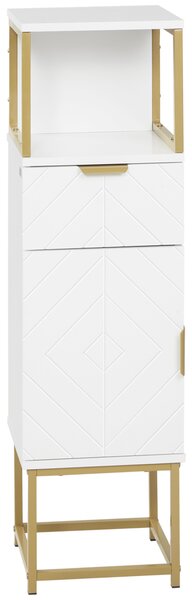 Kleankin Colonna Bagno Salvaspazio con Armadietto, Cassetto e Ripiano Aperto, in Legno e Metallo, 30x30x105cm, Bianco|Aosom