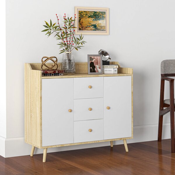 HOMCOM Credenza Moderna in Truciolato e Legno di Pino con 3 Cassetti e 2 Armadietti a 2 Livelli, 90x32x80A cm