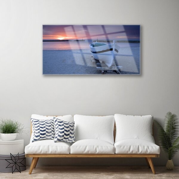 Quadro in vetro Barca Spiaggia Sole Paesaggio 100x50 cm 2 appendini