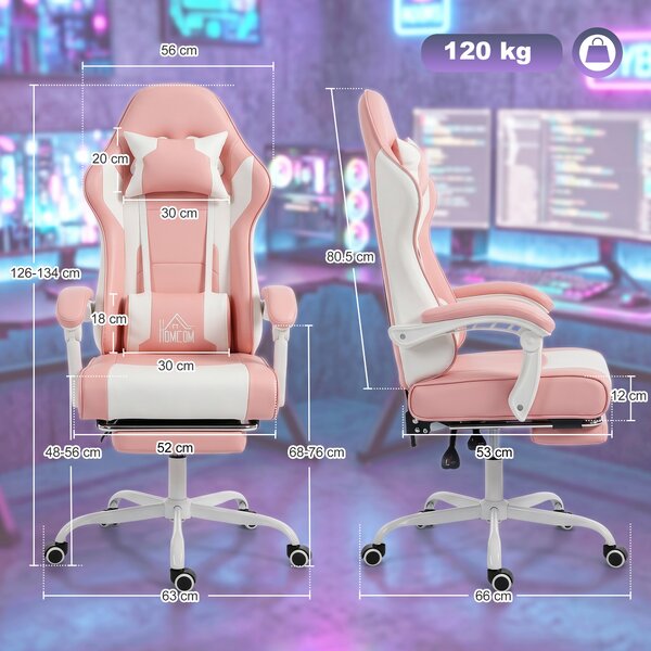 HOMCOM Sedia Gaming con Cuscino Lombare Massaggio, Vibrazione Reclinabile 155°, Altezza Regolabile, Poggiatesta e Poggiapiedi Retrattile, 63x66x134 cm, Rosa | Aosom Italy