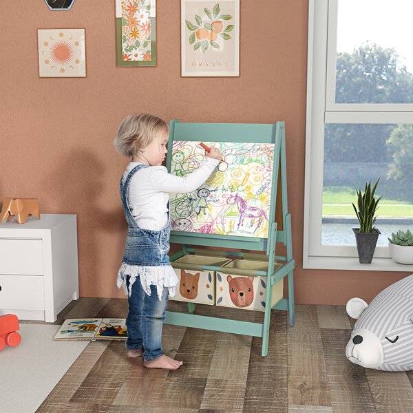 AIYAPLAY Lavagna per Bambini con Cavalletto 3 in 1 e 2 Contenitori, Età 3-8 anni, 54x46.5x93cm, Verde|Aosom