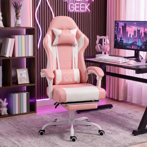 HOMCOM Sedia Gaming con Cuscino Lombare Massaggio, Vibrazione Reclinabile 155°, Altezza Regolabile, Poggiatesta e Poggiapiedi Retrattile, 63x66x134 cm, Rosa | Aosom Italy
