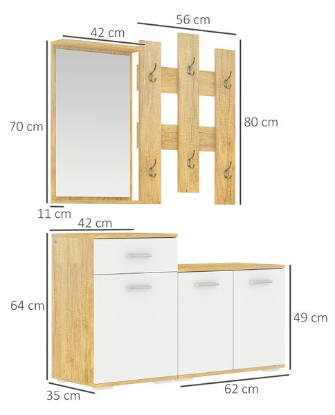 HOMCOM Set per Ingresso 3 in 1 con Appendiabiti a Muro, Specchio e Scarpiera con Panca in Legno|Aosom