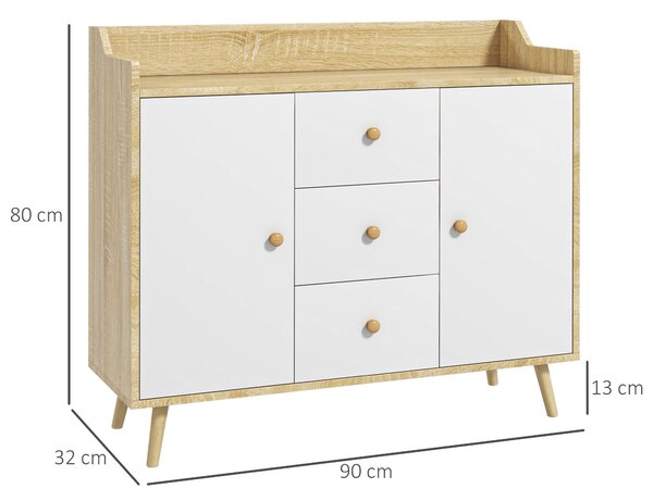 HOMCOM Credenza Moderna in Truciolato e Legno di Pino con 3 Cassetti e 2 Armadietti a 2 Livelli, 90x32x80A cm