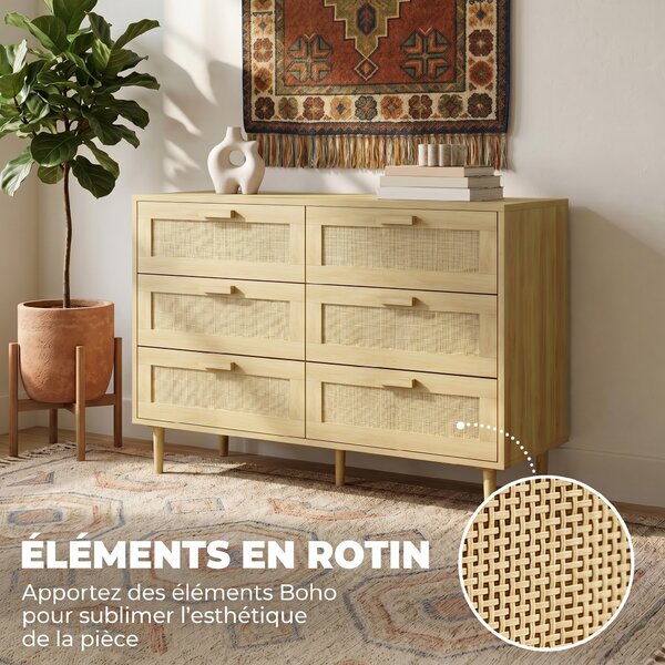 HOMCOM Cassettiera 6 Cassetti in Rattan con Gambe in Legno, Settimino per Soggiorno e Camera da Letto, 110x40x75 cm, Legno Naturale | Aosom Italy
