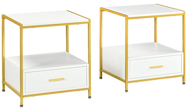 HOMCOM Set di 2 Comodini Moderni con Cassetto e Ripiano Aperto, 50x40x55cm, Bianco e Oro|Aosom