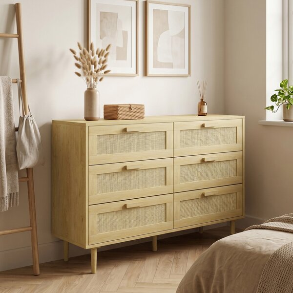 HOMCOM Cassettiera 6 Cassetti in Rattan con Gambe in Legno, Settimino per Soggiorno e Camera da Letto, 110x40x75 cm, Legno Naturale | Aosom Italy