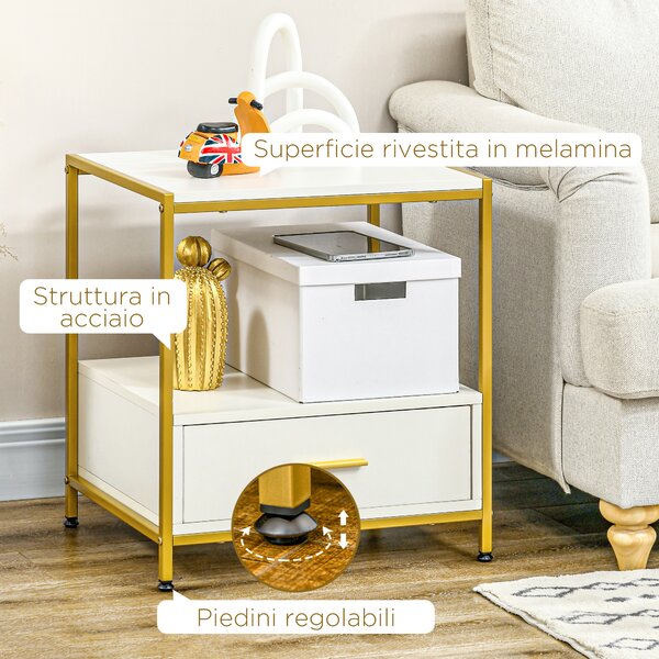 HOMCOM Set di 2 Comodini Moderni con Cassetto e Ripiano Aperto, 50x40x55cm, Bianco e Oro|Aosom