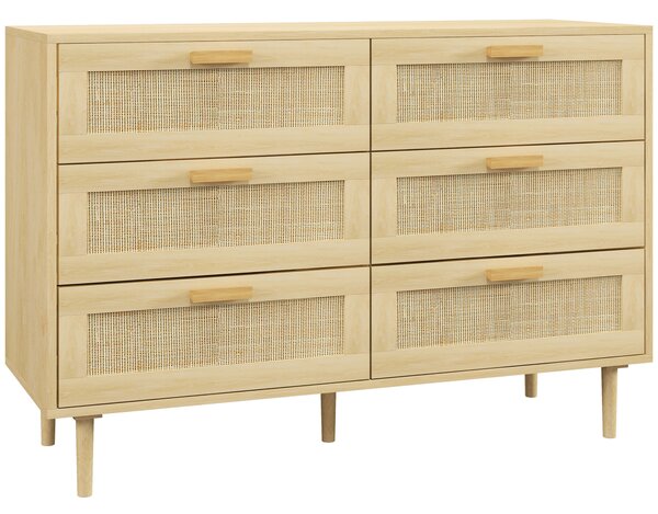 HOMCOM Cassettiera 6 Cassetti in Rattan con Gambe in Legno, Settimino per Soggiorno e Camera da Letto, 110x40x75 cm, Legno Naturale | Aosom Italy