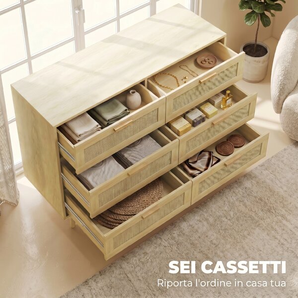 HOMCOM Cassettiera 6 Cassetti in Rattan con Gambe in Legno, Settimino per Soggiorno e Camera da Letto, 110x40x75 cm, Legno Naturale | Aosom Italy