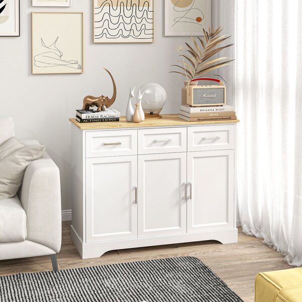 HOMCOM Credenza Moderna a 3 Cassetti e 3 Ante in MDF e Truciolato con Ripiano Regolabile, 101x39x82 cm, Bianco|Aosom