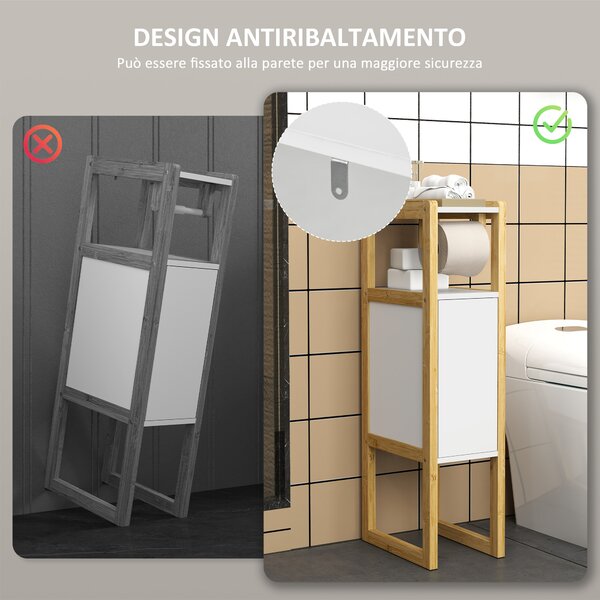 HOMCOM Mobile Bagno Salvaspazio con Porta Carta Igienica, Armadietto e Ripiano in Bambù, 20x33x80cm, Bianco