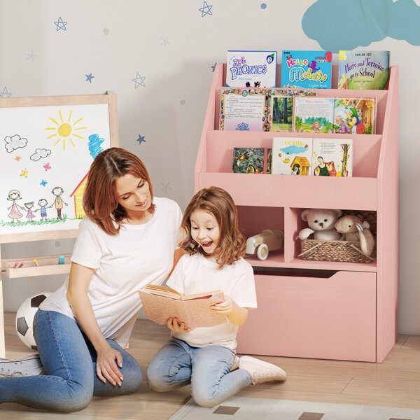 HOMCOM Piccola Libreria per Bambini con Ripiani e Cassetto in MDF, 60x29.9x90cm, Rosa
