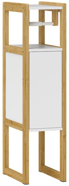 HOMCOM Mobile Bagno Salvaspazio con Porta Carta Igienica, Armadietto e Ripiano in Bambù, 20x33x80cm, Bianco