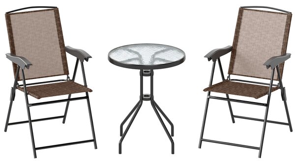 Outsunny Set Arredo per Esterni con Tavolino in Vetro e Sedie, Set Mobili 3pz Pieghevole Marrone|Aosom