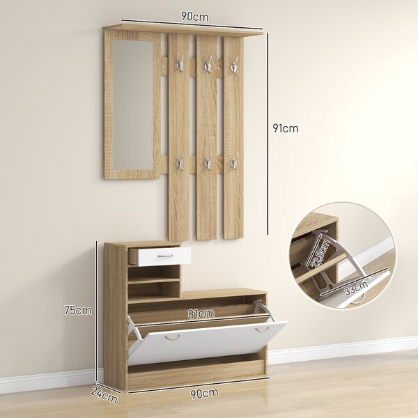 HOMCOM Mobile Appendiabiti 3 in 1 con Scarpiera e Specchio, Ganci e Cassetti, in Legno, 90x24x177 cm, Bianco e Quercia