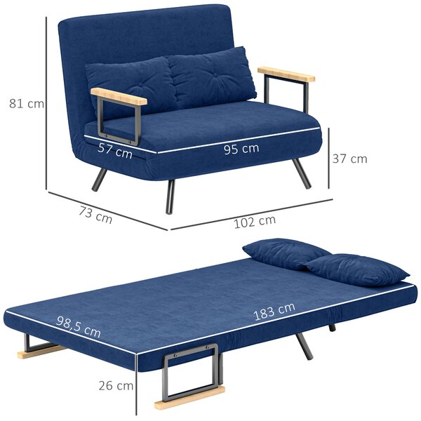 HOMCOM Divano Letto 3 in 1 in Tessuto Effetto Velluto con Schienale Regolabile e 2 Cuscini, 102x73x81 cm, Blu