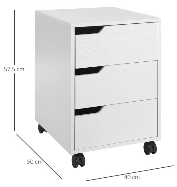 HOMCOM Cassettiera da Ufficio a 3 Cassetti con Maniglie a Scomparsa, in Legno e Metallo, 40x50x57.5 cm, Bianco