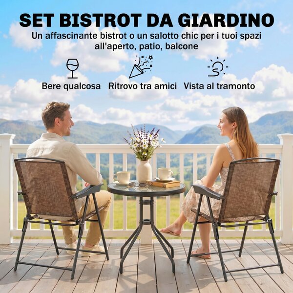 Outsunny Set Arredo per Esterni con Tavolino in Vetro e Sedie, Set Mobili 3pz Pieghevole Marrone|Aosom