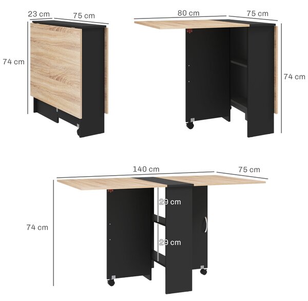 HOMCOM Tavolo Pieghevole Consolle per 4-6 persone con Ruote e Ripiani, 140x75x74cm, Rovere e Nero