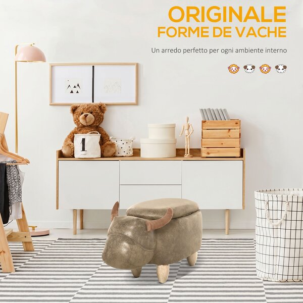 HOMCOM Poggiapiedi per Divano in Tessuto Effetto Pelle Scamosciata con Gambe in Legno Contenitore a Forma di Bufalo, 62x35x36cm, Marrone|Aosom