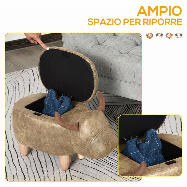 HOMCOM Poggiapiedi per Divano in Tessuto Effetto Pelle Scamosciata con Gambe in Legno Contenitore a Forma di Bufalo, 62x35x36cm, Marrone|Aosom