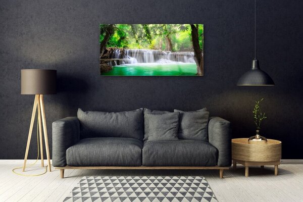 Quadro su vetro Cascata Lago Foresta Natura 100x50 cm 2 appendini