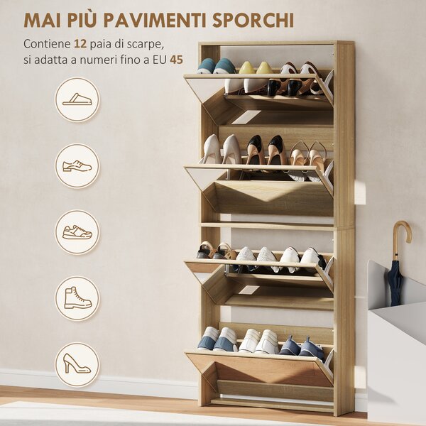 HOMCOM Scarpiera a Specchio a 4 Ante Antiribaltamento in Legno, 63x17x146 cm, color Legno | Aosom Italy