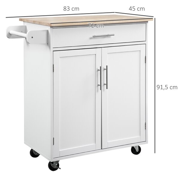 HOMCOM Carrello da Cucina con Ruote Chariot da Servizio Isola da Cucina con Cassetto Armadio e Porta-Strofinacci - Bianco