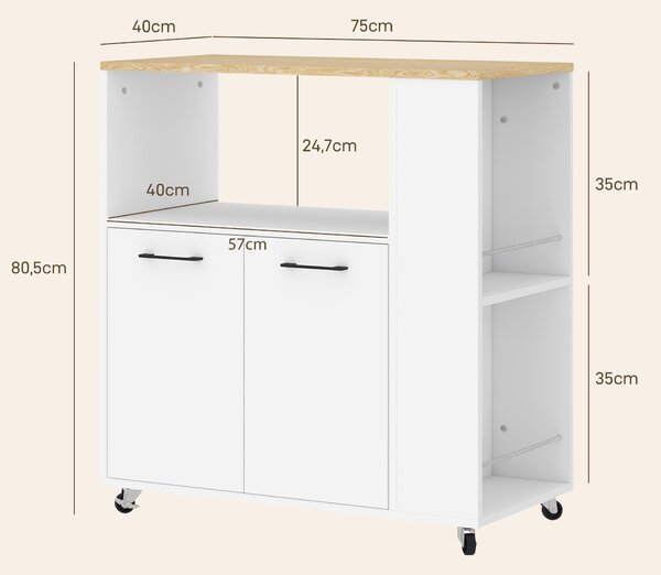 HOMCOM Carrello Cucina in Legno con Ripiano Aperto, Armadietto e Scaffale Laterale, 75x40x80.5 cm, color Rovere e Bianco