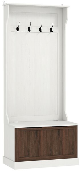 HOMCOM Mobile Appendiabiti 3 in 1 con 4 Ganci e Panca Contenitore, in Legno, 71.5x39.5x170 cm, Bianco