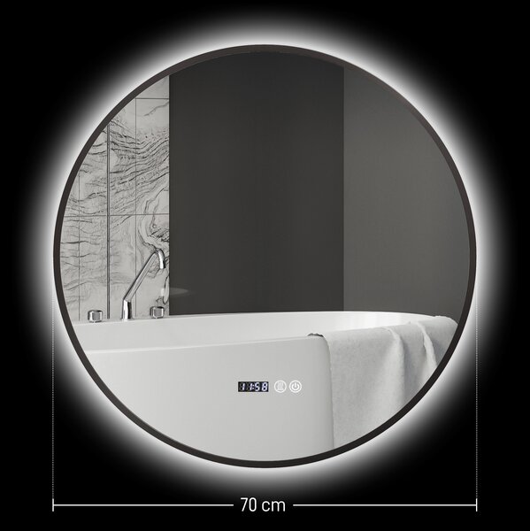 HOMCOM Specchio Bagno con Luce LED Regolabile, Antiappannamento e Display Tempo e Temperatura, Ø70 cm, Nero