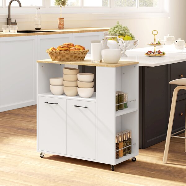 HOMCOM Carrello Cucina in Legno con Ripiano Aperto, Armadietto e Scaffale Laterale, 75x40x80.5 cm, color Rovere e Bianco
