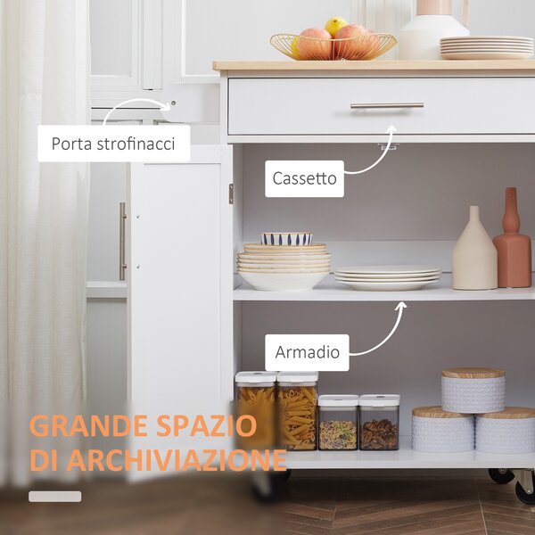 HOMCOM Carrello da Cucina con Ruote Chariot da Servizio Isola da Cucina con Cassetto Armadio e Porta-Strofinacci - Bianco