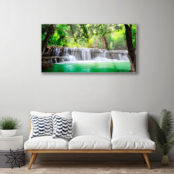 Quadro su vetro Cascata Lago Foresta Natura 100x50 cm 2 appendini