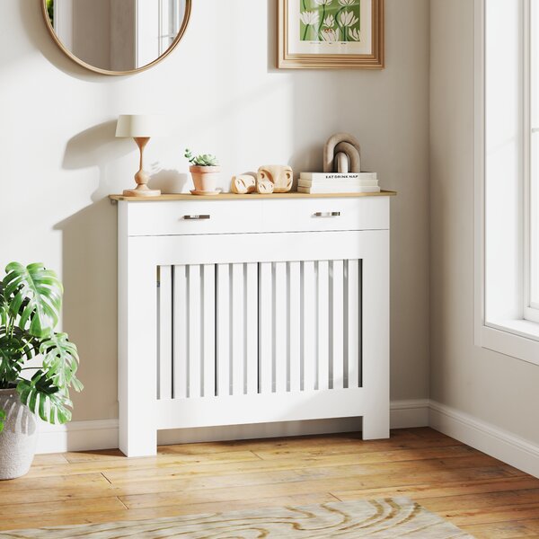 HOMCOM Copritermosifone a Doghe Antiribaltamento con Cassetto Portaoggetti, in Legno, 112x19x97 cm, Bianco