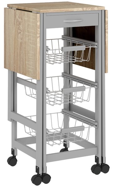 HOMCOM Carrello da Cucina con 3 Cestini, Cassetto e 2 Ribalte, in Legno e Metallo, 37x37x77.5 cm, Grigio e Rovere | Aosom Italy