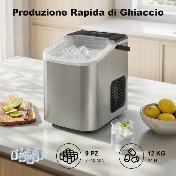 HOMCOM Macchina Ghiaccio 12kg in 24 Ore, 9 Cubetti in 7-10 Minuti di 2 Dimensioni, con Sistema Autopulente, Argento | Aosom Italy