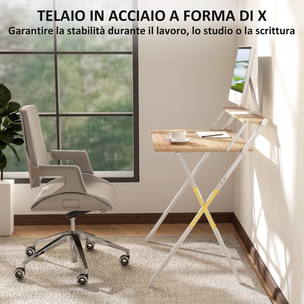 HOMCOM Scrivania Pieghevole con Ripiano per Monitor, 81.5x62x86.5 cm, Legno e Bianco | Aosom Italy