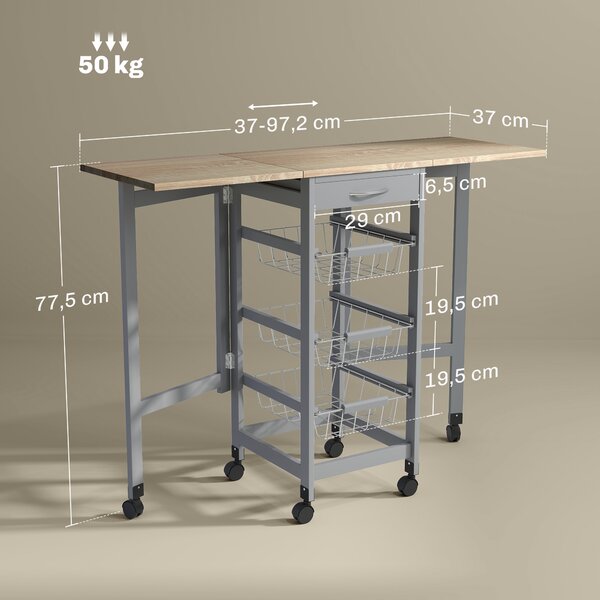 HOMCOM Carrello da Cucina con 3 Cestini, Cassetto e 2 Ribalte, in Legno e Metallo, 37x37x77.5 cm, Grigio e Rovere | Aosom Italy