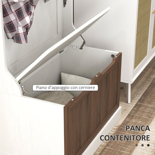 HOMCOM Mobile Appendiabiti 3 in 1 con 4 Ganci e Panca Contenitore, in Legno, 71.5x39.5x170 cm, Bianco
