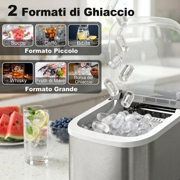 HOMCOM Macchina Ghiaccio 12kg in 24 Ore, 9 Cubetti in 7-10 Minuti di 2 Dimensioni, con Sistema Autopulente, Argento | Aosom Italy