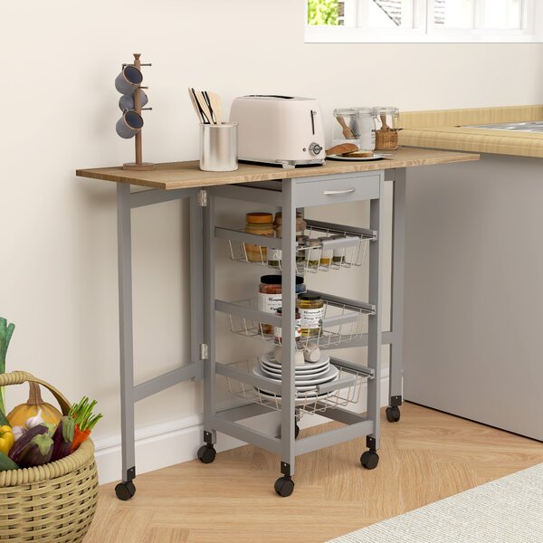 HOMCOM Carrello da Cucina con 3 Cestini, Cassetto e 2 Ribalte, in Legno e Metallo, 37x37x77.5 cm, Grigio e Rovere | Aosom Italy