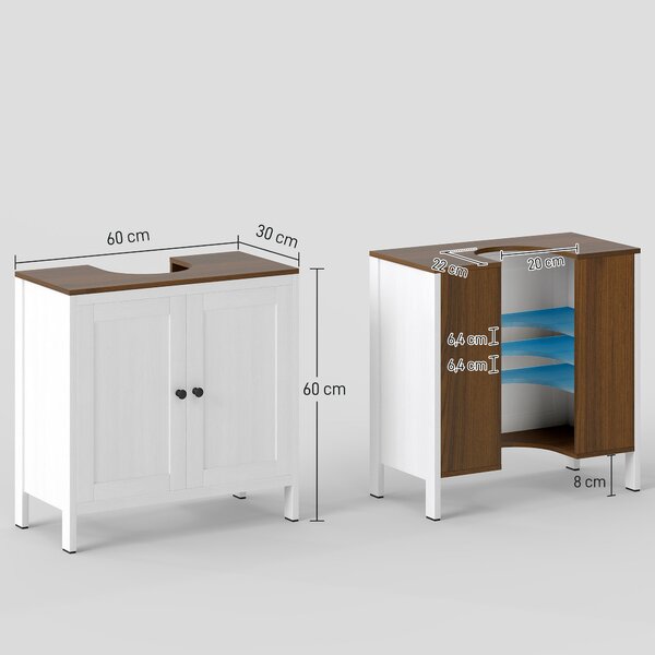Kleankin Mobile Sotto Lavabo Bagno in Legno con Ripiano Interno Regolabile, 60x30x60 cm, Bianco e color Noce