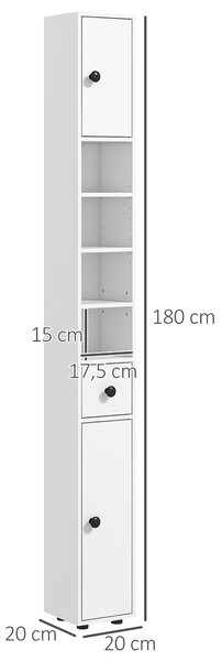Kleankin Mobile Colonna Bagno con Cassetto, 2 Armadietti e 4 Ripiani Aperti, in Legno, 20x20x180 cm, Bianco | Aosom Italy
