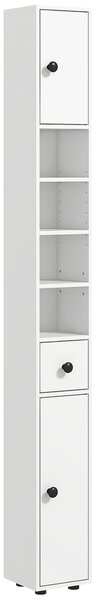 Kleankin Mobile Colonna Bagno con Cassetto, 2 Armadietti e 4 Ripiani Aperti, in Legno, 20x20x180 cm, Bianco | Aosom Italy